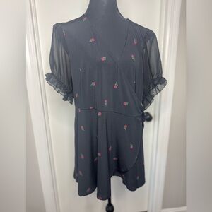 Size 2 Black with Red Flowers Torrid Wrap Shirt